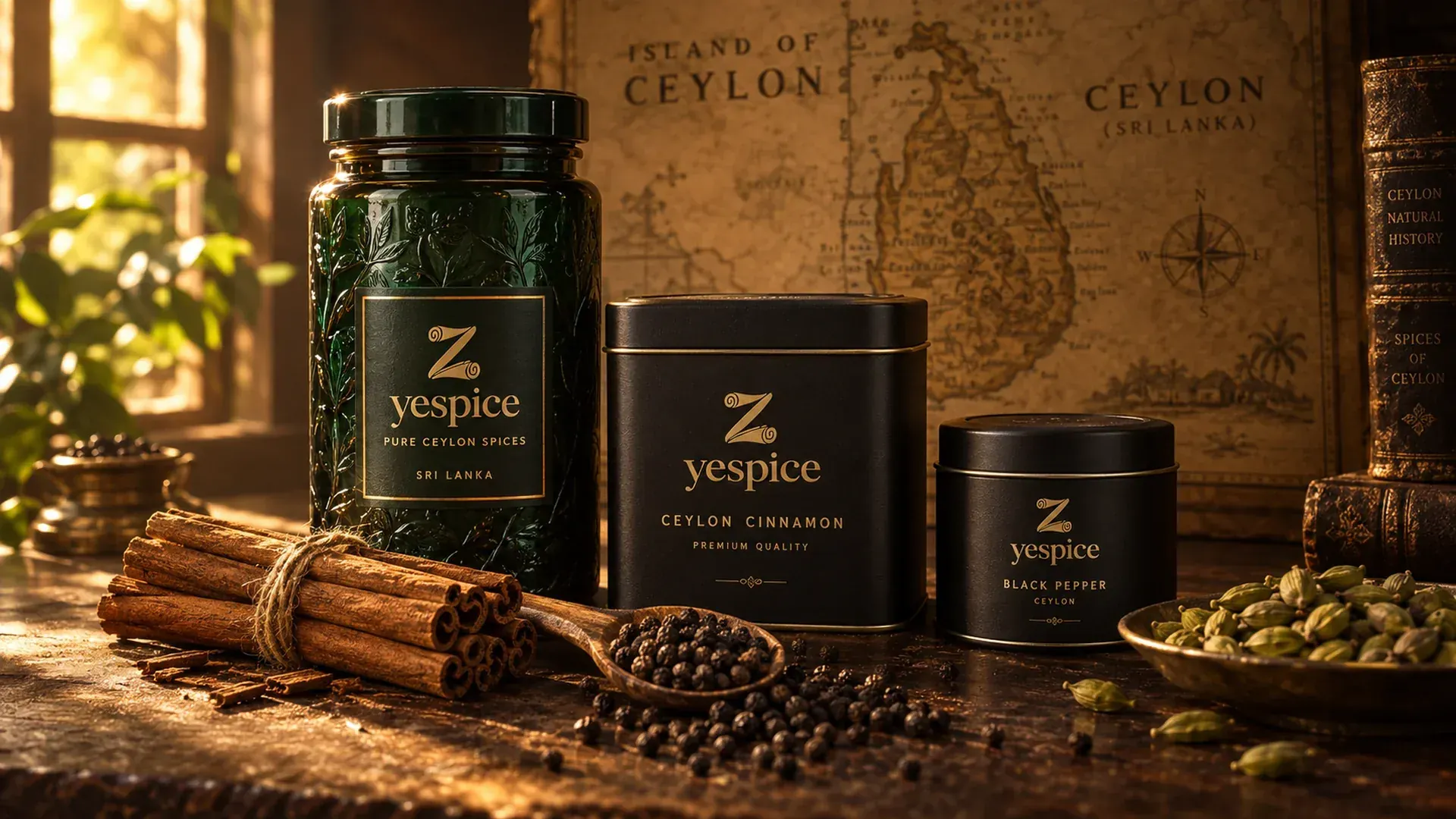 Zyespice Ceylon spice product range on wooden table with vintage Sri Lanka map
